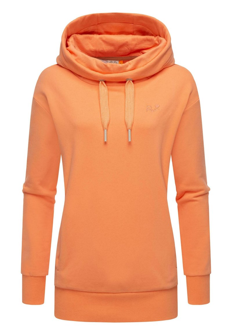 Orange sweatshirt med en stor cowl-neck, dragsnören, långa ärmar och ribbad nederkant. Mjuk textur med subtil logotypdetalj på bröstet.