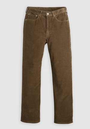 Bruine corduroy rechte pijpen broek met knoop- en ritssluiting, riemlussen en vijf-pocketontwerp.