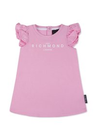 Różowa bawełniana sukienka z falbalami na rękawach, okrągłym dekoltem i zapięciem na guziki z tyłu. Zawiera logo "JOHN RICHMOND LONDON" w białym kolorze.