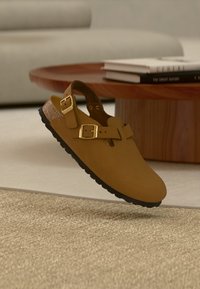 Καφέ σανδάλι με δύο χρυσές αγκράφες και φελλό σόλας που αιωρείται πάνω από μια υφασμάτινη μπεζ κουβέρτα σε ένα μοντέρνο καθιστικό.