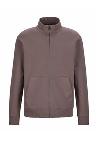 Sweatshirt zippé marron avec un col montant, deux poches avant, des poignets et un ourlet côtelés. Fabriqué en tissu texturé pour plus de confort.