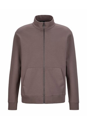Bruine rits sweatshirt met een hoge kraag, twee voorzakken, ribbelmanchetten en -zoom. Gemaakt van textiel voor comfort.