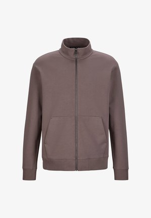 Brauner Reißverschluss-Sweatshirt mit hohem Kragen, zwei Vordertaschen, gerippten Bündchen und Saum. Hergestellt aus strukturierter Stoff für zusätzlichen Komfort.