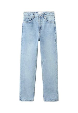 Light blue straight-leg denim jeans with front button, zipper, belt loops, and five-pocket design.
