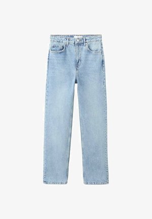Jeans en denim bleu clair à jambes droites avec bouton frontal, fermeture éclair, passants de ceinture et design à cinq poches.