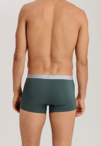 Gröna boxertrosor i mjukt tyg, med en grå elastisk midjeband med upphöjd logotyp. Slät yta och figurnära passform.