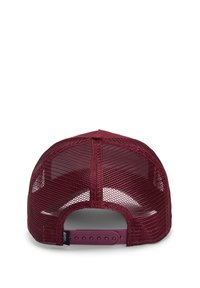 Maroon cap with a mesh back, featuring a solid fabric brim and adjustable plastic snap closure. Logo tag visible on the side.