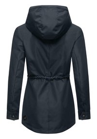 Navy blue jacket with a hood, drawstring waist, and buttoned cuffs. Features a smooth texture and slightly curved hem.