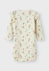 Body de bebé floral en suave tela acanalada, con un fondo amarillo claro decorado con flores rosas y amarillas. Incluye detalles de volantes en los hombros.