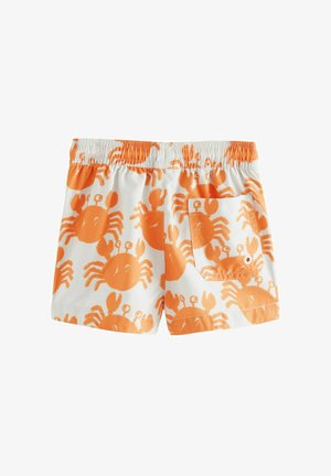 Pantaloni da nuoto con vita elasticizzata, caratterizzati da una base bianca e un motivo a granchio arancione su tutta la superficie. Include una tasca sul retro con chiusura a scatto.
