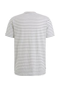 T-shirt à manches courtes en coton blanc avec de fines rayures navy. Encolure ronde et ourlet droit avec des fentes latérales pour le confort.