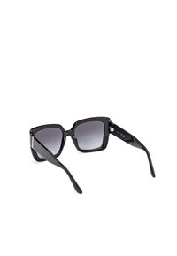 Gafas de sol negras en forma de cuadrado con lentes en degradado gris, montura de plástico brillante, brazos de las patillas con un patrón negro y un acento plateado en las patillas.