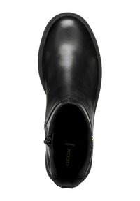 Bottines en cuir noir avec une finition lisse, bout rond, fermeture éclair latérale et semelle texturée. L'intérieur comporte une semelle intérieure de marque.