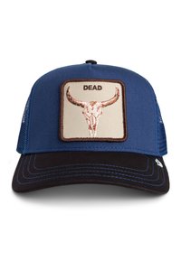 Cappellino blu e nero con una fascia rettangolare beige che presenta un teschio di toro e la parola "DEAD" ricamata in marrone. Parte posteriore in rete per la ventilazione.