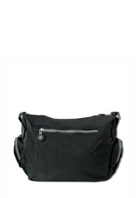 Schwarze Nylon-Tasche mit strukturiertem Finish, ausgestattet mit einer Vorderseite mit Reißverschluss und gepolstertem Schultergurt. Beinhaltet graue Hardware-Details.