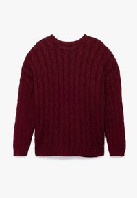 Jersey de punto burdeos con un patrón de trenzado texturizado, cuello y puños de canalé, y una silueta holgada. Vista trasera presentada.