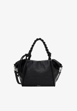 Schwarze Lederhandtasche mit geflochtenem Tragegriff oben, rechteckiger Form, weicher Textur und abnehmbarem Schultergurt. Verfügt über dekorative Nahtlinien.