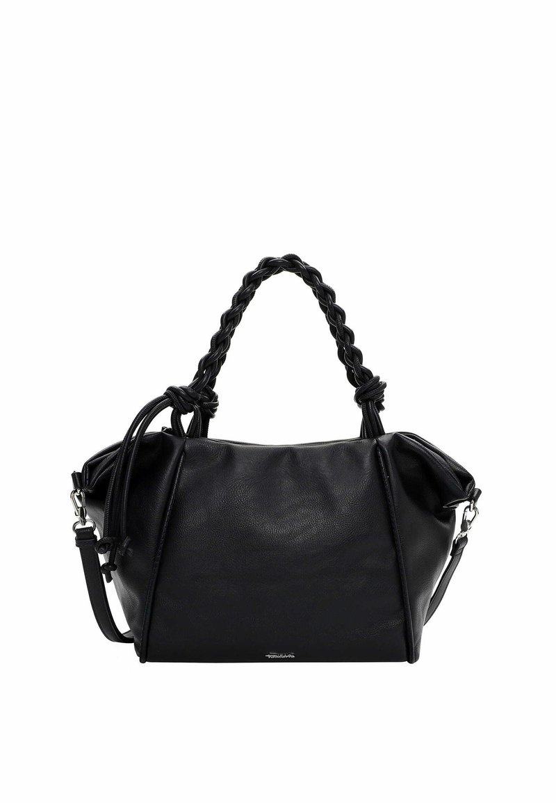 Czarna skórzana torebka z plecioną rączką na górze, prostokątnym kształtem, miękką teksturą oraz odpinanym paskiem na ramię. Posiada dekoracyjne przeszycia.