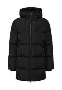 Schwarze gepolsterte Winterjacke mit Kapuze, Frontreißverschluss, seitlichen Reißverschlusstaschen und verstellbaren Kordelzügen an der Kapuze.