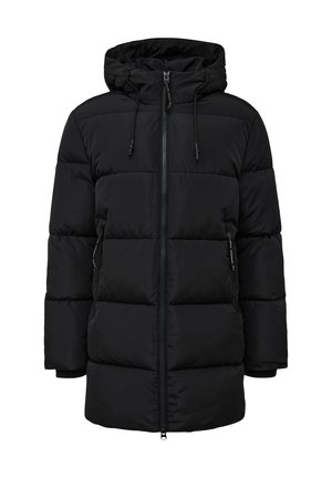 Giacca invernale nera imbottita con cappuccio, zip frontale, tasche laterali con zip e coulisse regolabili sul cappuccio.