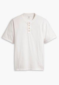 T-shirt bianco a maniche corte in cotone, con collo rotondo e patta con cinque bottoni. Texture liscia, senza motivi o accenti.