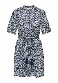 Haljina s uzorkom u mornarskoj plavoj i bijeloj boji koja ima ovratnik, kratke rukave i pojas s resicama. Lagani materijal s lepršavim dizajnom.