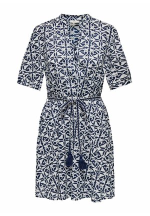 Šaty s námořnickou a bílou vzorovanou potiskem, s límečkem, krátkými rukávy a pásem v pase s třásněmi. Lehký materiál s volně tekoucím designem.