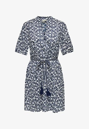 Šaty s námořnickou a bílou vzorovanou potiskem, s límečkem, krátkými rukávy a pásem v pase s třásněmi. Lehký materiál s volně tekoucím designem.