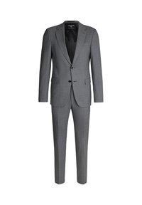 Grauer Anzug aus strukturiertem Stoff, bestehend aus einem Zweiknopf-Blazer mit Kerbkragen und flachvornen Hosen, alles in schmaler Passform.