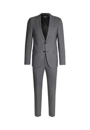Grijs pak van gestructureerde stof, voorzien van een tweeknopssblazer met notch-revers en pantalon met vlakke voorkant, alles in een getailleerde pasvorm.