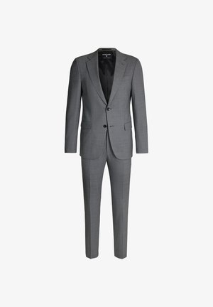 Grijs pak van gestructureerde stof, voorzien van een tweeknopssblazer met notch-revers en pantalon met vlakke voorkant, alles in een getailleerde pasvorm.