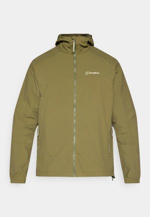 Chaqueta verde oliva confeccionada con material ligero, con capucha, cremallera frontal, puños elásticos y un logo sutil en el pecho.