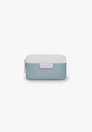 Trousse rectangulaire bicolore bleu et blanc avec fermeture éclair et patch logo Kapten & Son sur la poche avant.