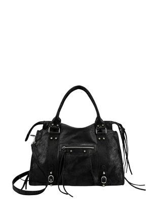 Sac à main en cuir noir avec doubles poignées, poche avant zippée, ferrures argentées, boucles et pompons décoratifs sur fond blanc.