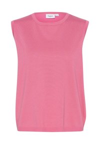 Ärmlös rosa stickad tröja med rund halsringning och ribbad nederkant, märkt storlek medium från Saint Tropez.