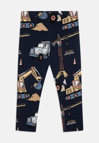 Marineblauwe legging van zachte stof, voorzien van een volledige print van bouwvoertuigen, waaronder vrachtwagens, graafmachines en kranen.