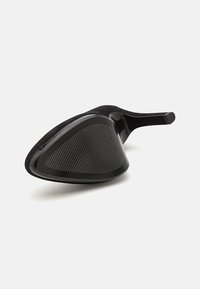 Black high-heeled shoe with a smooth suede texture and a pointed toe. The sole features vertical stripes and a sleek silhouette.