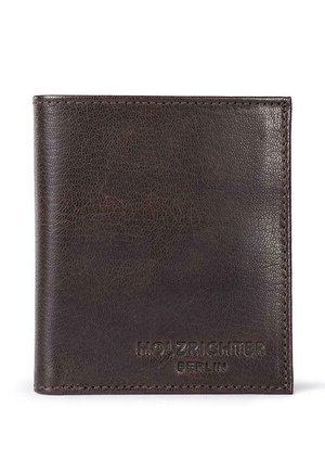 Dunkelbraune Leder-Bifold-Geldbörse mit sichtbaren Nähten und "HOLZRICHETER BERLIN" geprägt in der unteren rechten Ecke vorne.