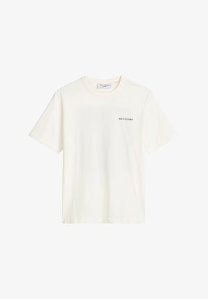 Crème katoenen T-shirt met een ronde halslijn en korte mouwen. Voorzien van een klein gedrukt logo op de linkerborst. Glad textuur.