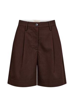 Donkere bruine, op maat gemaakte damesshorts met plooien aan de voorkant, riemlussen en een enkele zwarte knoopsluiting ter hoogte van de taille.
