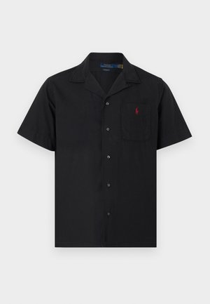Black short-sleeve button-up shirt with notched collar and chest pocket featuring small red embroidered logo.