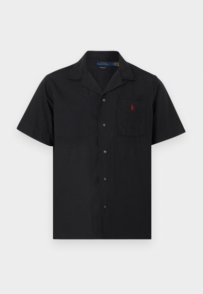 Black short-sleeve button-up shirt with notched collar and chest pocket featuring small red embroidered logo.