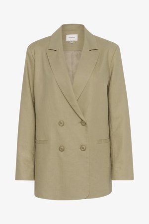 Beige kaksirivinen bleiseri, joka on valmistettu teksturoidusta kankaasta. Varustettu lovetetulla kauluksella, kahdella etupussilla ja nappikiinnityksellä.