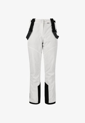 Weiße wasserdichte Skihosen mit schwarzen Akzenten, verstellbaren Schulterträgern und seitlichen Reißverschlusstaschen. Mit tailliertem Beindesign.