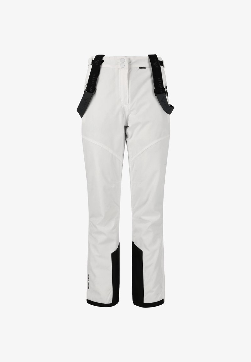 Vita vattentäta skidbyxor med svarta detaljer, justerbara axelremmar och fickor med dragkedja på sidan. Har en tapered design på benen.