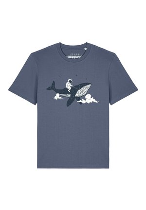 Blue short-sleeve t-shirt with a graphic of an astronaut riding a whale surrounded by clouds and stars.