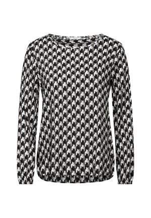 Langsleeve top in zwart-wit houndstooth-patroon, met een ronde halslijn en een relaxte pasvorm met elastische manchetten. Zachte stoftextuur.