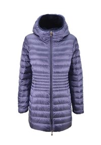 Pufferjack, in een lichte paarse kleur, met een capuchon, een rits aan de voorzijde, een gestikte design en elastische manchetten. Glad, glanzend nylon materiaal.