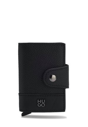 Black textured leather wallet with snap-button strap closure and silver "HUGO" logo on the lower front panel.