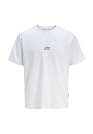 Witte T-shirt met korte mouwen en ronde hals, met klein, gecentreerd "Jack & Jones" logo in licht olijfgroen op de borst.